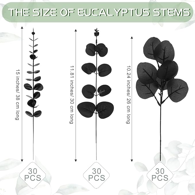 Giegxin 90 Pcs 3 Kinds Mixed Eucalyptus Leaves Stems Bulk Artificial Silver Dollar Leaves Picks Dried Eucalyptus Bundle Faux Spray for Wedding Vase Bouquet Floral Arrangement (Black)