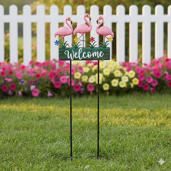 43.3inch Flamingo Garden Stakes with Vintage Welcome Yard Sign, Flamingo Outdoor Decor Metal Yard Art Ornaments for Outside Landscape, for Wife