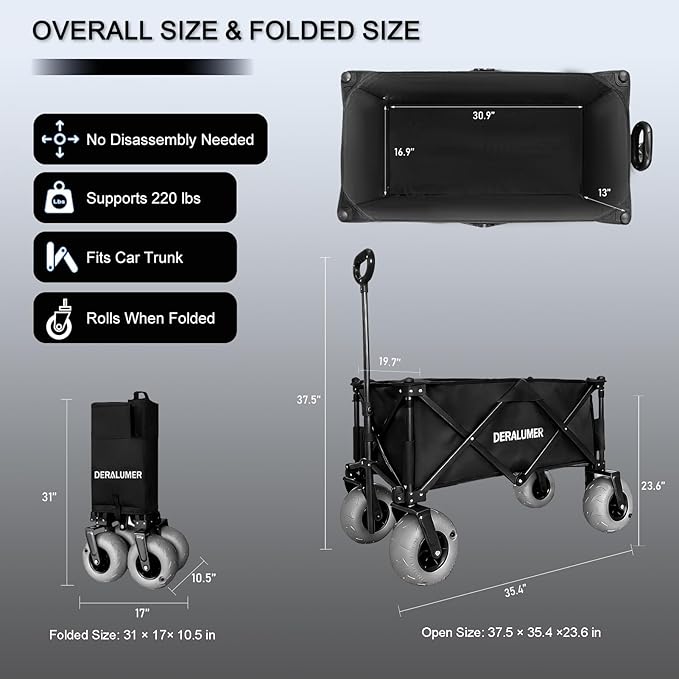 Beach Wagon with Big Wheels for Sand, 35" L Heavy Duty Folding Beach Wagon with 9×4" Balloon Tires, All Terrain Utility Cart for Garden, Sports, Camping, Outdoor (SandRover X800-B,Black)