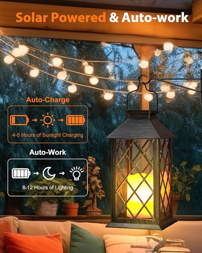 Otdair Solar Lanterns Outdoor Waterproof with Hook, 2 Pack 14" Solar Lantern with Glass Retro LED Flickering Flameless Candle,Lanterns Decorative Outdoor for Gift, Yard, Garden, Patio, Bronzen