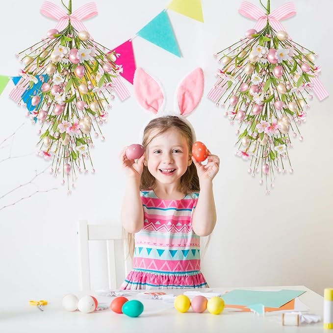 2 Pack 24'' Easter Teardrop Swags for Front Door Pastel Pink Easter Eggs Teardrop Wreath Artificial Spring Floral Hanging Swags with Ribbon Berry Flower for Farmhouse Home Outdoor Window Wall Decor
