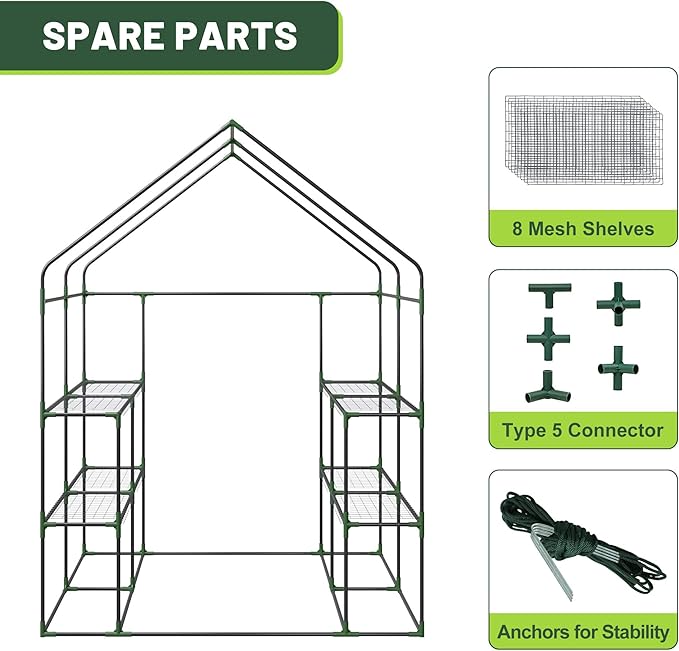 Nova Microdermabrasion Walk-in Greenhouse for Outdoors, 57 x 57 x 77 inch, Portable PE Cover Greenhouse with Anchors and Ropes Indoor Outdoor-3 Tier 8 Wired Shelves Plant Gardening Hot House
