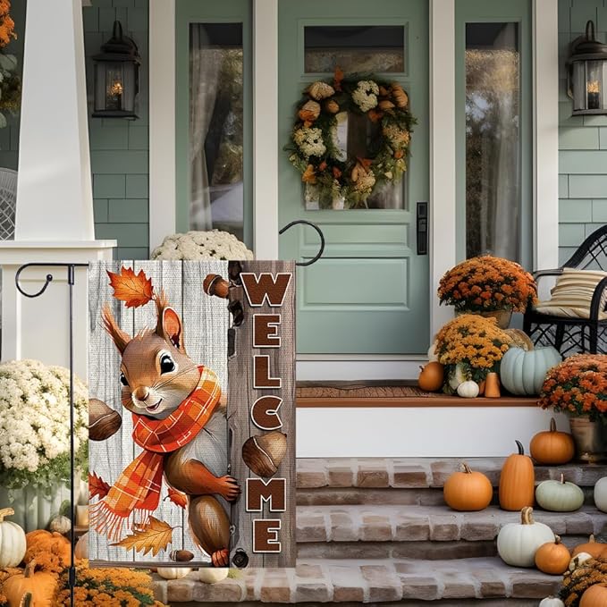 Welcome Fall Garden Flag 12x18inch The Nut Squirrel Fall Autumn Thanksgiving Garden Flags Yard Porch House Flag Double-Side For Home Outdoor Yard Patio Lawn Decor, Garden Decorations