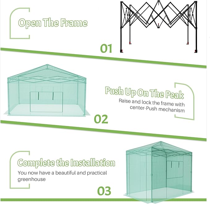 Greesum 8x6 FT Portable Pop-up Greenhouse with Center Lock, PE Cover, Zippered Door and 2 Roll-up Windows, Easy Assemble(Green)
