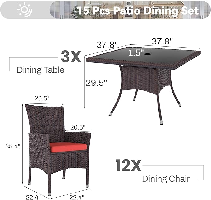 15 Piece Outdoor Dining Set,Rattan Patio Conversation Set of 12 Chairs,Patio Dining Table and Chairs w/Cushions,Square Glass Tabletop,Umbrella Cutout for Patio,Red