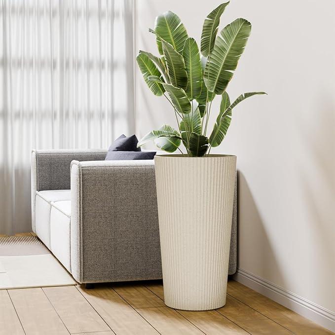 Diyfire Tall Outdoor Planter Set of 2-23.6" Large Striped Plastic Flower Pots, Decorative Indoor/Outdoor Planters for Porch, Patio, Balcony & Garden, Cream