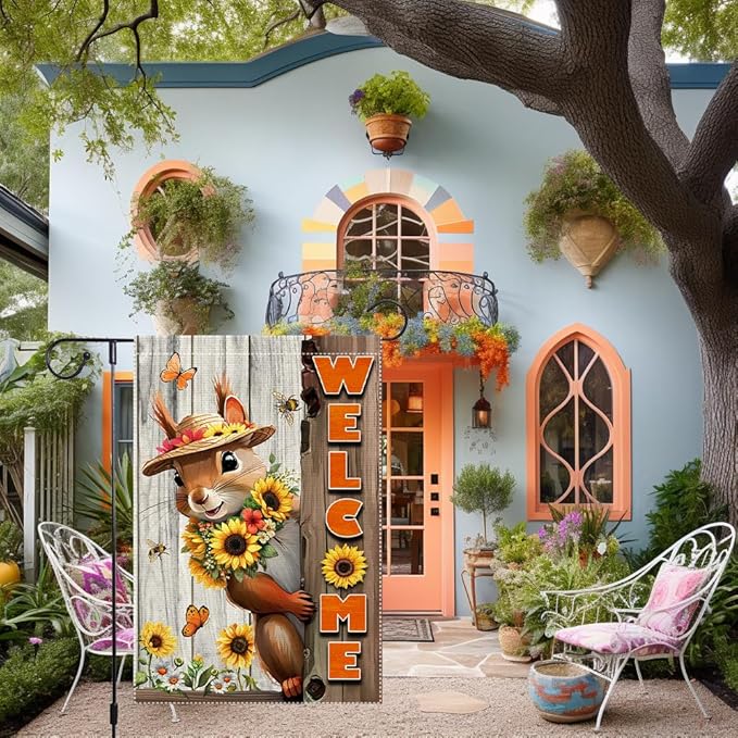 Welcome Spring Summer Garden Flag 12x18 inch Vertical Double-Side Small Burlap sunflower Squirrel Garden Flags Yard Porch Outdoor Patio Lawn Decor Flags Decorations