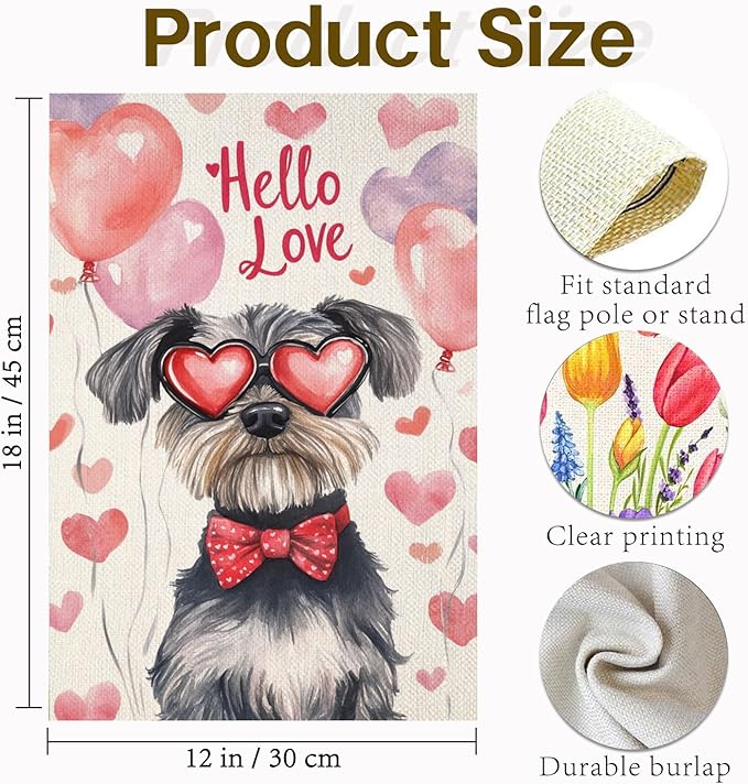 Valentine's Day Schnauzer Hello Love Garden Flag, House Yard Plaid Love Heart Outside Decoration, Spring Holiday Wedding Anniversary Outdoor Small Decor 12x18(12619)