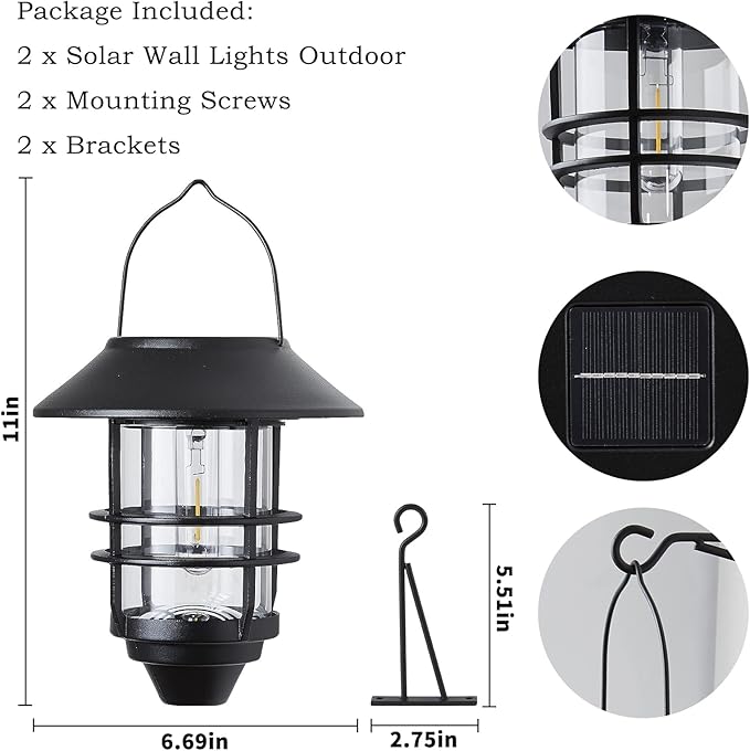 2 Pack Solar Wall Lanterns Outdoor Waterproof Hanging Solar Wall Lights Glass Metal with Wall Mount Bracket,Garden Lantern Warm White 3000K, Auto Dusk to Dawn for Outdoor Front Porch Exterior Lighting