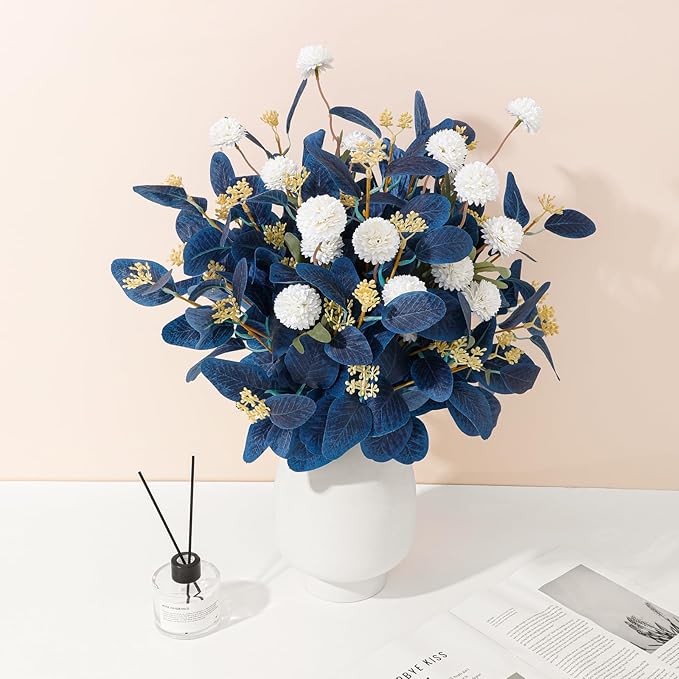 Fake Flowers for Vase, 16 pcs Faux Silk Pompom Mum Artificial Flowers with Eucalyptus Stems, Mini Floral Long Stem Arrangements for Home Decor, Wedding, Table Centerpieces DIY Floral Designs