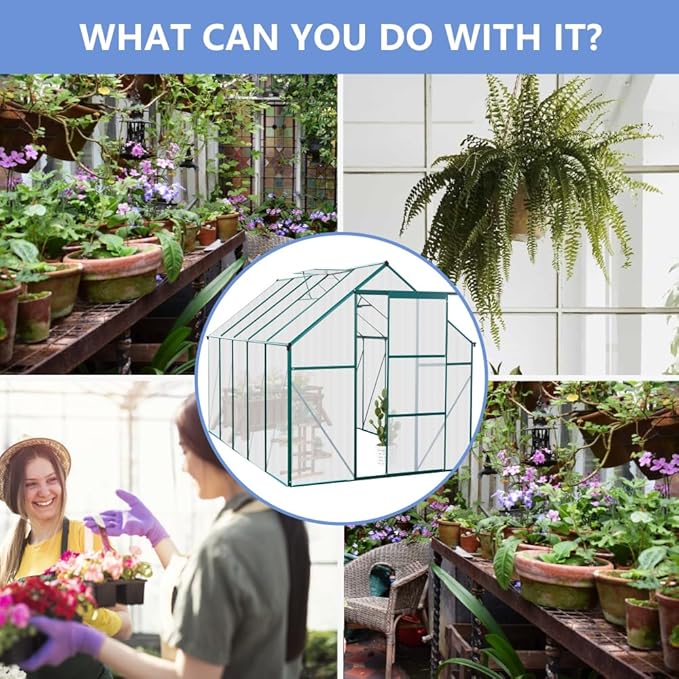 6X10FT Polycarbonate Greenhouse Raised Base and Anchor Aluminum Heavy Duty Walk-in Greenhouses for Outdoor Backyard in All Season Green