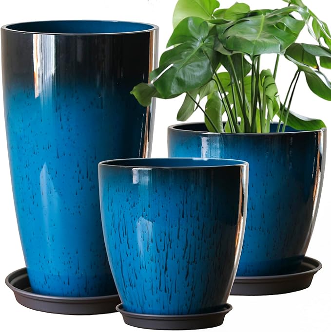 SE SUN-E Large Plastic Planters with Tray 11"/12"/21" H Set of 3 for Indoor Outdoor Lightweight Use, Decorative Flower Pots Tall Plant Pot of Garden, Patio, Front Porch Corner Blue Color Round