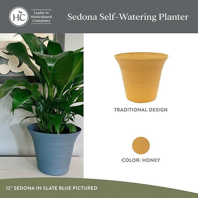 The HC Companies Sedona Round Self-Watering Pot - Lightweight Self Care Planter - Plastic Planter for Herbs & More - Durable Plant Pots for Indoor Plants & Outdoor Plants (16" Honey, Pack of 1)