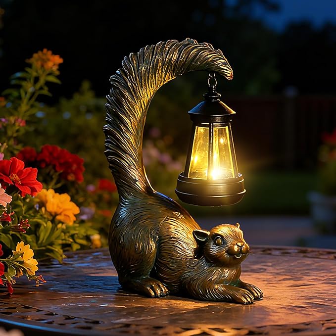 Solar Garden Statues Decor Squirrel with LED Lantern ,Outside Solar Squirrel Decor for Garden,Home,Lawn,Yard, Balcony Ornament- Unique Housewarming Gifts