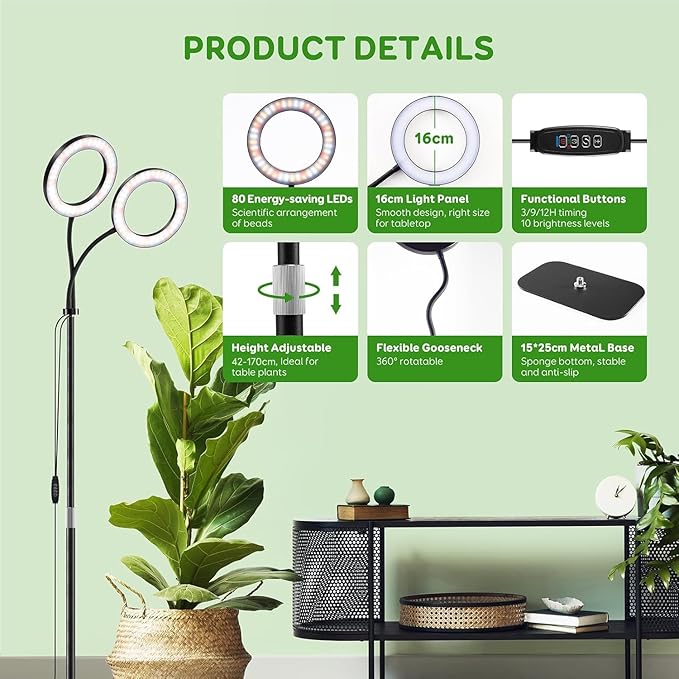 LPMZMBL Dual Head Grow Light for Indoor Plants Full Spectrum Plant Light with 16.5"-68" for Growing Large Tall Plants Equipment with 3/9/12-hour Automatic Timers 3 Light Modes 10 Dimmable Levels