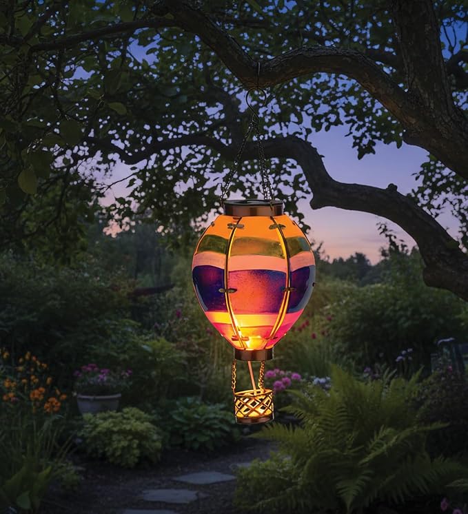 Regal Art & Gift Hot Air Balloon Solar Lantern – Hanging Solar-Powered LED Lights, Waterproof Portable Decorative Outdoor Lamp Made of Metal & Glass for Garden, Patios & Pathway – Stripe (Small)
