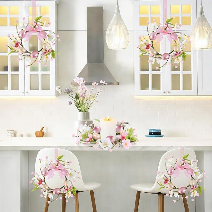 6 PCS Small Easter Wreaths for Kitchen Cabinet Mini Artificial Easter Egg Flower Wreath for Front Door Spring Summer Hanging Wreath with Pink Ribbon Berry for Home Porch Wall Window Farmhouse Decor