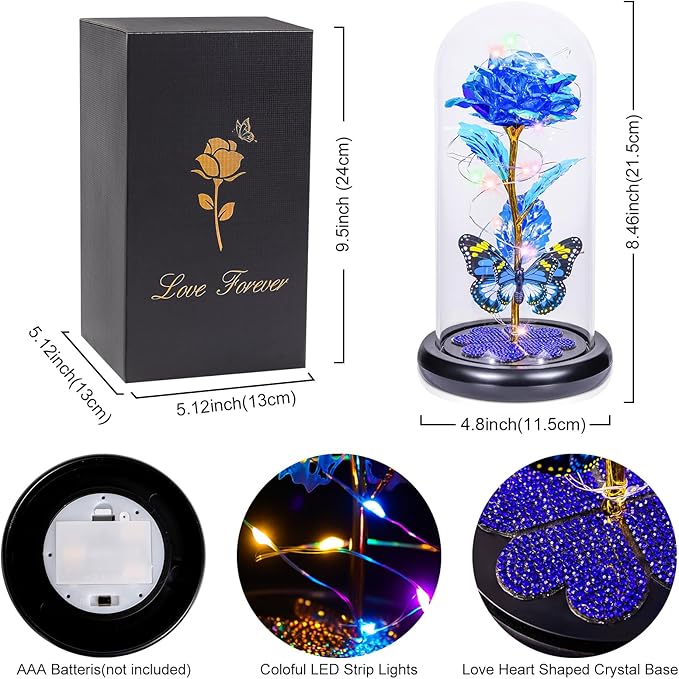 Valentines Day Rose Gifts for Her, Birthday Gift for Women Galaxy Glass Rose in Glass Dome Forever Eternal Crystal Flower with Butterfly Valentine Gifts for Women Daughter Mom Wife Girlfriend Blue