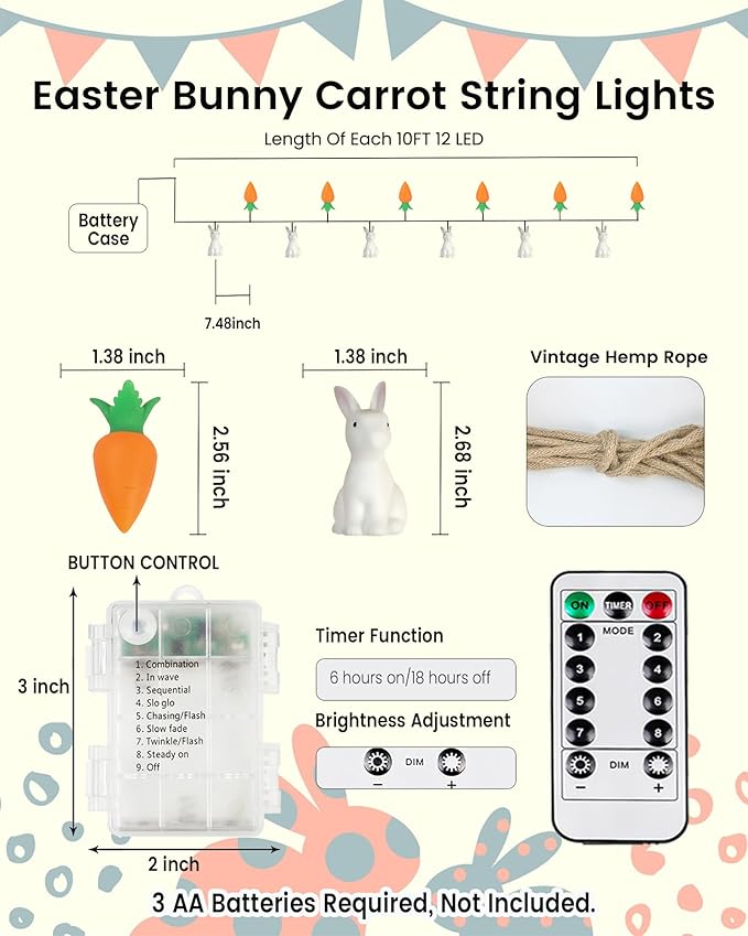 YIQU Easter Decoration String Lights, 10FT 12LED Bunny Carrot Mantel Garland Battery Operated with Remote Timer 8 Modes, Hemp Rope Banner for Fireplace Table Wall Spring Party Indoor Outdoor Decor
