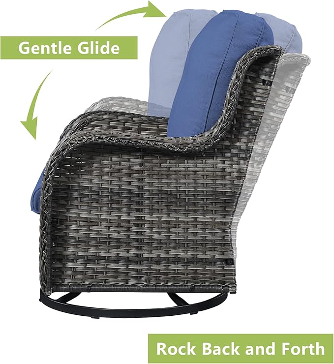 Rilyson Wicker Patio Furniture Set - 4 Piece Rattan Outdoor Sectional Conversation Sets with 2 Swivel Rocking Chairs,2 Ottomans for Porch Deck Garden(Mixed Grey/Blue)