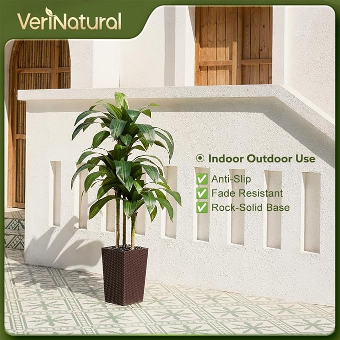 VeriNatural Artificial Dracaena Tree 5FT - Fake Tree with Brown Taper Planter & Pebbles - UV Resistant Faux Yucca Tropical Plant - Artificial Trees for Home Office Living Room Decor Indoor Outdoor