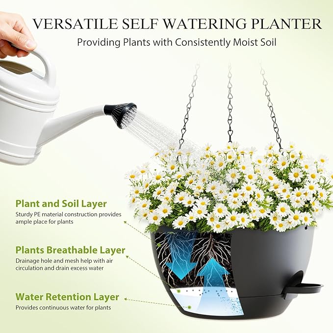 SQKH 12 Inch Hanging Baskets 2 PC with Chains, Self-Watering Hanging Planters for Indoor Outdoor Plants, Plastic Hanging Flower Pots,Black