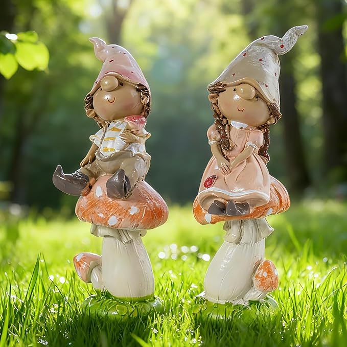Garden Mushroom Gnome Resin Statues - Outdoor Patio & Lawn Decor, Indoor Home Ornament, Gnome Couple Garden Figurines, Ideal Gift for Parents & Friends