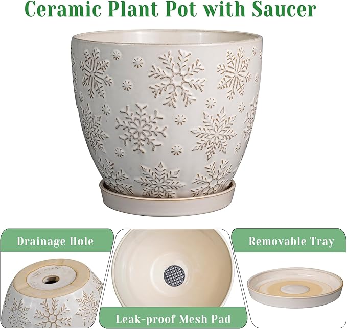 MPotTo 10 Inch Ceramic Planter Pot Large Plant Pot for Indoor Plants Outdoor Round Flower Pot with Drainage Hole and Saucer for Home Garden Decor White