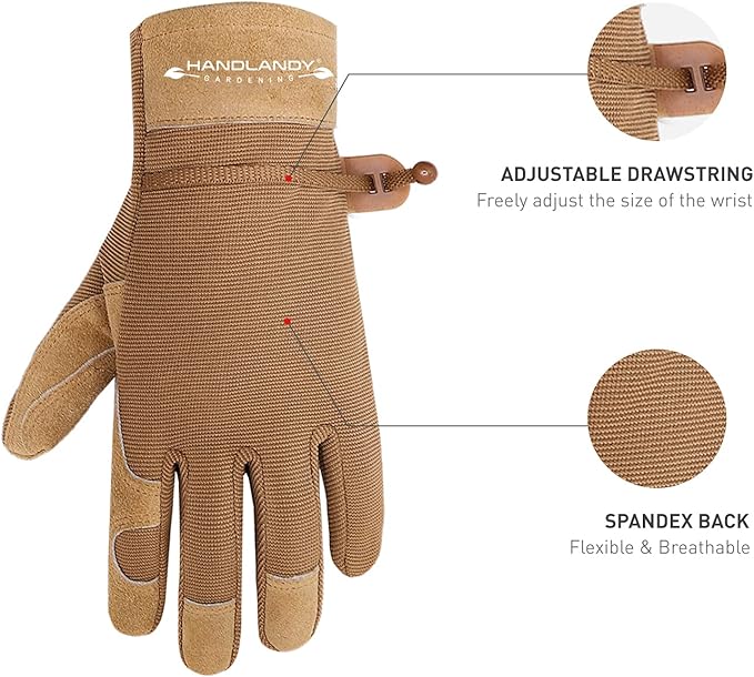 HANDLANDY Work Gloves for Women, Breathable Leather Gardening Glove for Yard Maintenance, Hand Protection with Touch Screen for Gardeners, Farmers