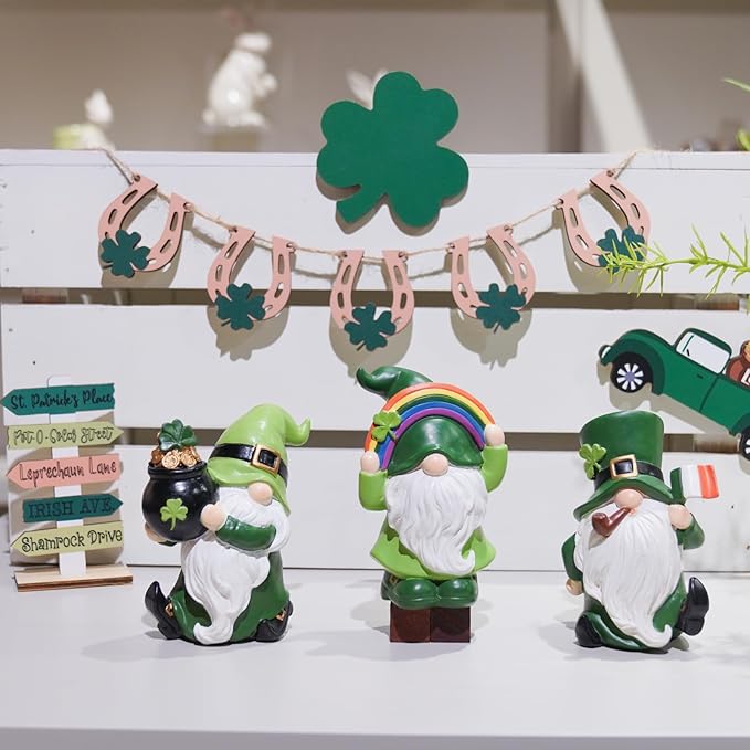 St Patrick's Day Decorations Gnome-Figurines - Set of 3 Gnome Statue with Shamrock Pot of Gold Resin St. Patricks Day Faceless Dolls Farmhouse Décor for Tabletop Home 3*2.75*4.5 in Newman House Studio