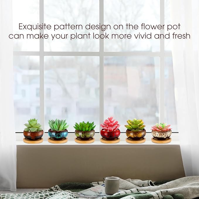 RimCereal 24 Pcs Ceramic Succulent Pots 2.5 Inch Small Plant Pots Indoor with Drainage and Bamboo Saucers Colorful Succulent Flower Planters for Garden Plants Home Decor(Round,1.2 Inch H)