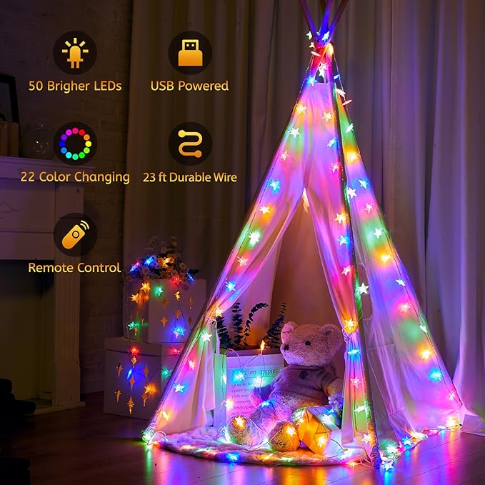 Minetom Color Changing Star String Lights - 23 ft 50 LED Ramadan Decorations Star Fairy Lights with Remote and Timer, 16 Colors and 7 Modes, USB Powered String Lights for Bedroom Party Indoor Decor