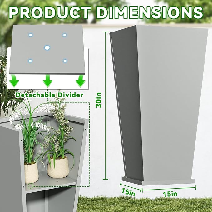 POOAMY Metal Planter 2 Pack, 15L x 15W x 30H, Heavy Duty Tall Planters for Outdoor Plants, Planters with Removable Insert Shelf, Large Planters with Drainage Holes for Porch, Patio, Grey