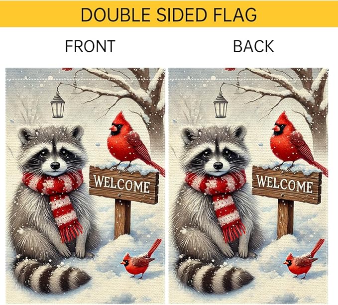 Winter Garden Flag 12x18 Inch Double Sided Burlap Welcome Raccoon Cardinal Snow Outdoor Yard Decoration Small Seasonal Christmas Holiday Farmhouse Porch Flag