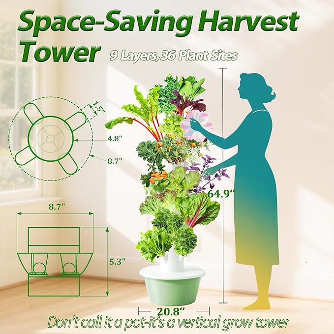 5.25ft Tall Hydroponics Growing System Tower, 9 Layers 36 Plant Spots Hydroponics Growing System Kit Tower, Vertical Hydroponic Tower for Indoor & Outdoor, Space-Saving