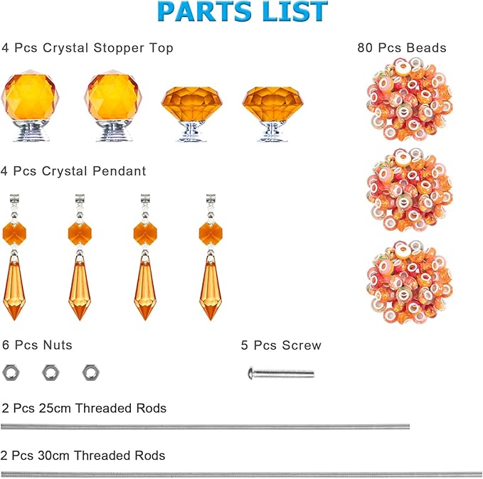 Exway 100 PCS DIY Fairy Wand Beaded Garden Stake Beads Kits with Orange Large Hole Beads 4 Crystal Stopper Top Threaded Rods and 4 Orange Sparkling Crystal Pendants for Outdoor Indoor Decor