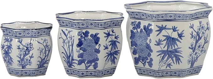 Galt International Blue & White Round Fluted Floral Palm Lotus Porcelain Ceramic Plant Flower Planter Pot Set of 3 (7.5", 10", 13") Garden Pots Chinese Asian Design