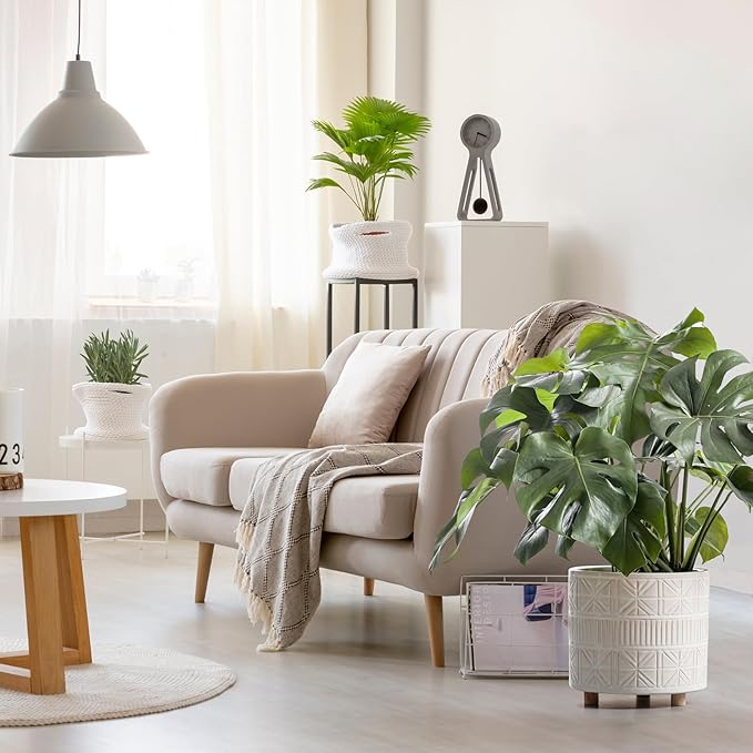 POITONRU Ceramic Plant Pot with Foots: 10 Inch Planter with Wooden Legs - Large Pots for Indoor Plants - Modern Flower Pot for Home Office Patio Garden Windowsill