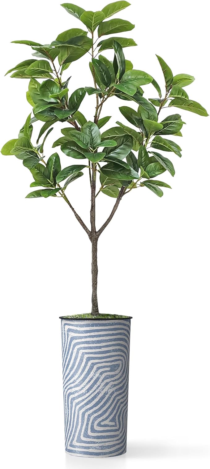 Artificial Tree in Contemporary Geometric Pattern Planter, Fake Rubber Silk TRE for Indoor and Outdoor Home Decoration - 70" Overall Tall (Plant Pot Plus Tree)