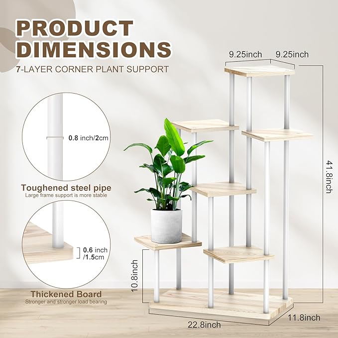 YOCOMEY 7 Tier Wood Tall Plant Stand Metal Rack Indoor, Multiple Flower Pot Holder Shelves Corner Rack, Planter Shelf Display Rack Storage Organizer for Patio Living Room Balcony Garden(White Oak)