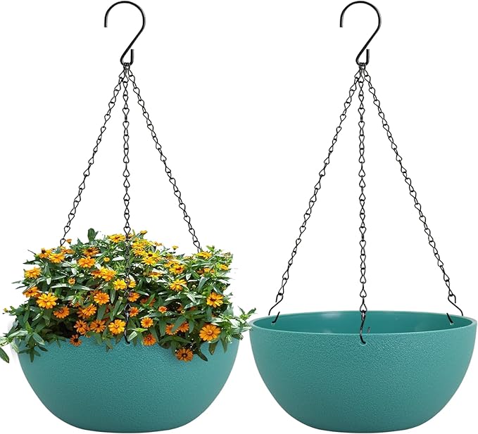 WSMKSZ 10 inch Hanging Planters for Outdoor Indoor Plants with Drainage Holes and Chain, 2 Pack Round Hanging Flower Pots for Garden Home Porch Decor, Blue Green