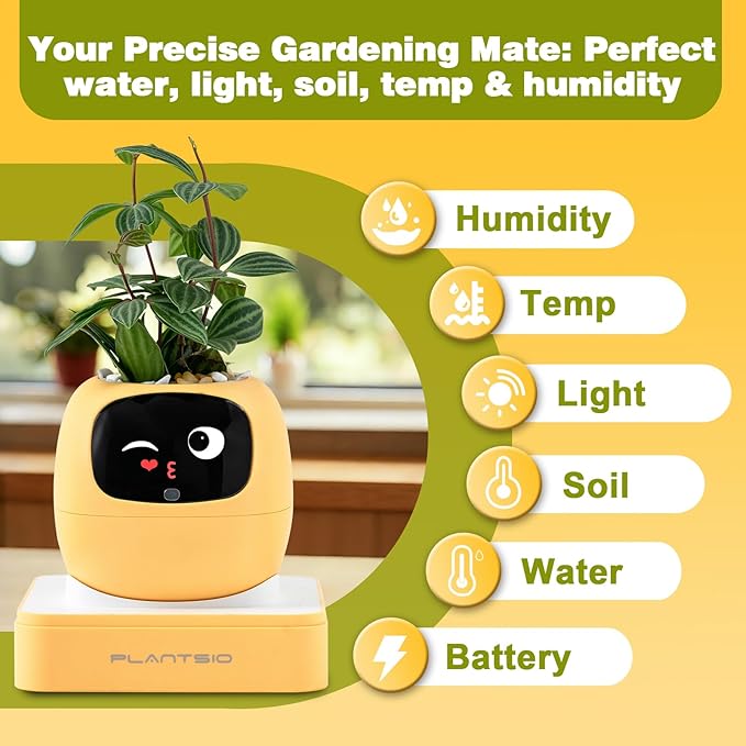 Plantsio AI Smart Pot for Plants with App Control, Self-Watering, Visual Display & 80ml Reservoir, Digital Plant Pot Supports 100+ Plants, Pomodoro Timer, Clock & Calendar,Desk & Office Planter-Yellow