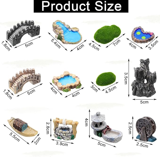 Jetec 12 Pcs Garden Accessories Miniature Bridge Mini Lighthouse Water Well Bridge Figurines Pond Lawn Ornament Figurines for DIY Craft Garden Decor(Retro Style)