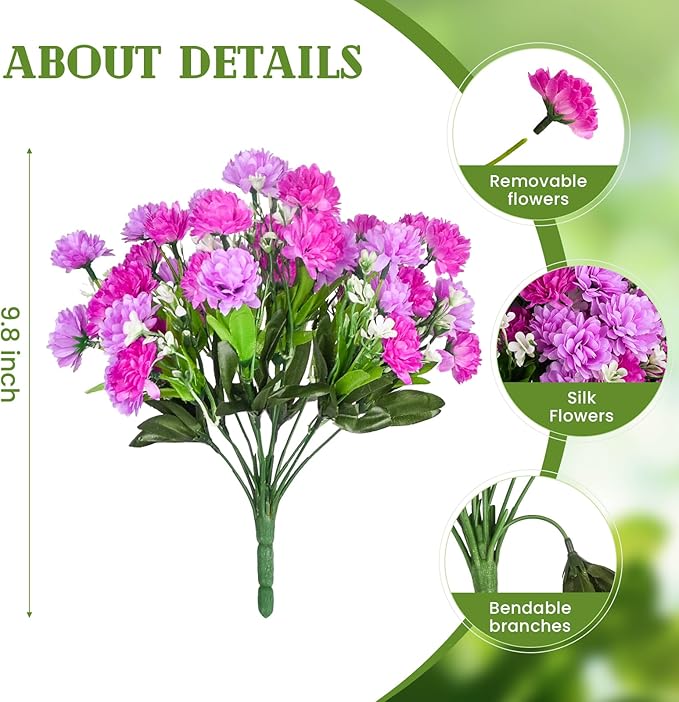 Ammyoo Artificial Flowers for Outdoors Decoration, 6 Bundles Silk Marigold Flower UV Resistant Look Real Faux Plants for Garden Porch Planter Patio Balcony Yard Home Decor (Double Purple)