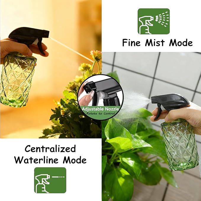Green Glass Plant Mister Bottle, 12oz Refillable Water Spray Bottle with Adjustable Mist Nozzle for Indoor Flowers, Outdoor Gardening, Cleaning, Hair and Pets Care