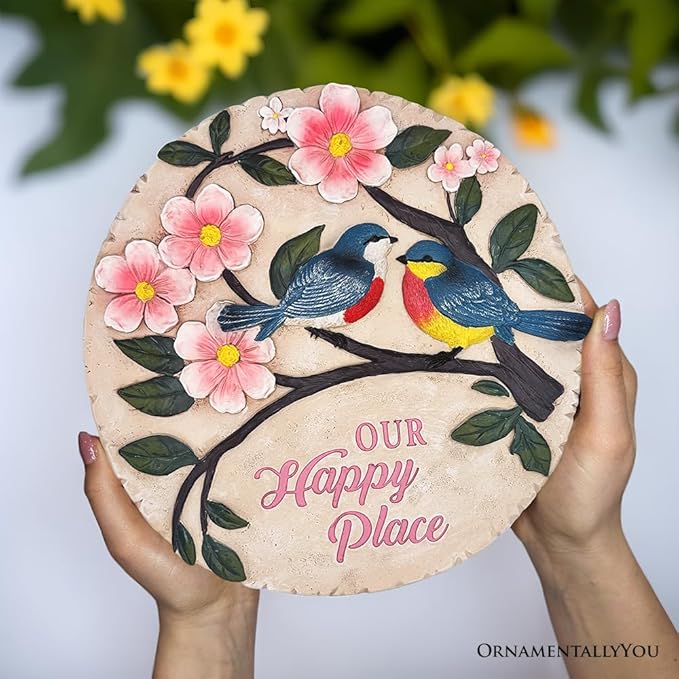 OrnamentallyYou Elegant Resin Stepping Stone, Outdoor Garden Pathway Decoration (Blossoming Songbirds Positivity Stepping Stone, 9.5" Happiness Garden Decoration and Support Gift)