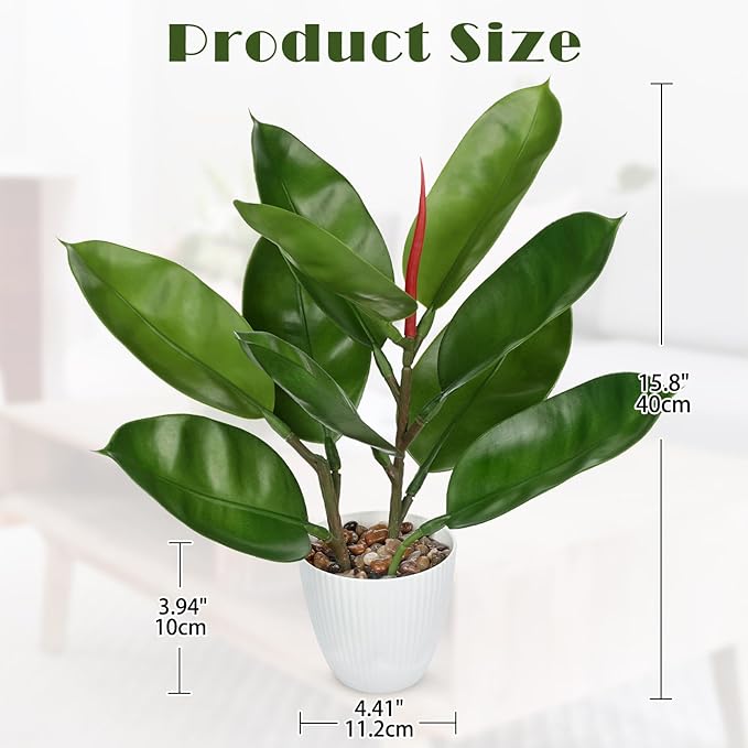 GnFlus Fake Plant Artificial Rubber Tree in White Pot Decor for Farmhouse Home, Office, Kitchen, Counter Top, Indoor Decoration