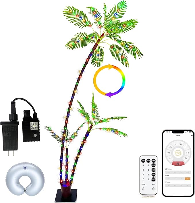 SOSHOT 7FT Lighted Artificial Palm Tree with Three Trunks and 242 LED Lights with Remote Control and App Waterproof for Tiki Bars, Patios,Beaches,Yards Pool, Cruise Party-Warm White to Multicolor
