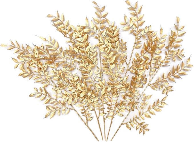 Fake Plants Leaves Christmas Decoration, PASYOU Gold Artificial Shrubs Grass Foliage Plastic Bulk Leaf Indoor Outdoor Home Garden Party Hotel Verandah Wedding Event Faux Decor Ornaments, Golden 5 Pack