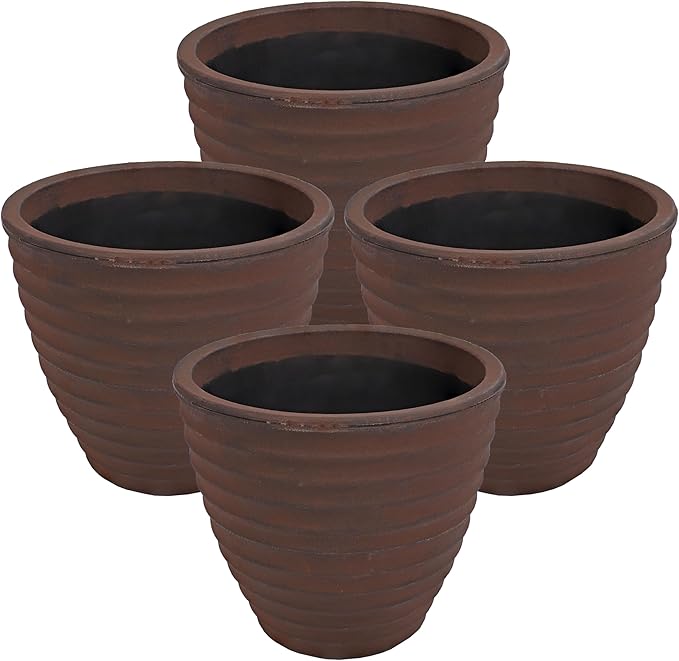 Sunnydaze Ribbed 13" Outdoor Plant Pot - Polyresin Double-Walled Planter for Indoor or Outdoor Use - Rust - Set of 4